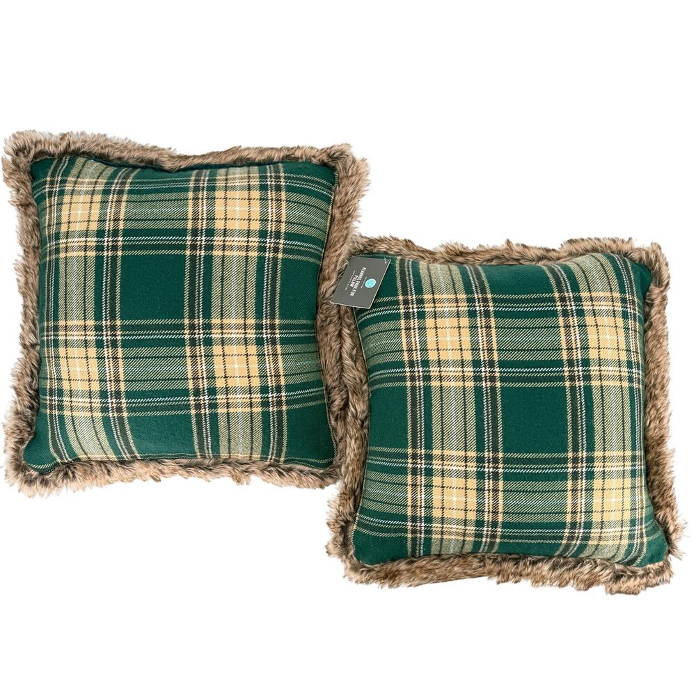 Martha Stewart 20x20 Green Plaid Flannel Faux Fur Decorative Throw Pillows Pair